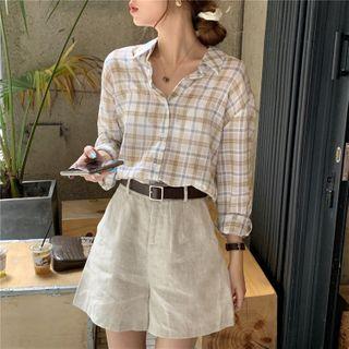 Long-sleeve Plaid Shirt / High-waist Loose Fit Shorts