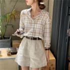 Long-sleeve Plaid Shirt / High-waist Loose Fit Shorts