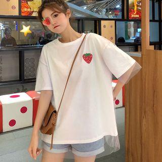 Mock Two-piece Short-sleeve Embroidered Mesh T-shirt