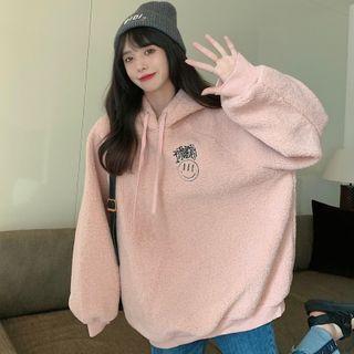 Lettering Smiley Embroidered Fleece Hoodie
