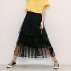 Mesh Overlay Midi Tiered Skirt Black - One Size