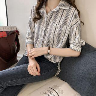Elbow-sleeve Striped Chiffon Polo Shirt