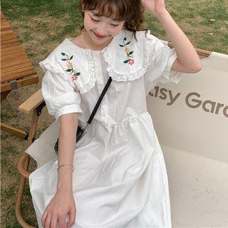 Puff-sleeve Floral Embroidered Ruffled A-line Dress