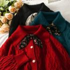 Ribbon-tie Cable-knit Button-up Sweater