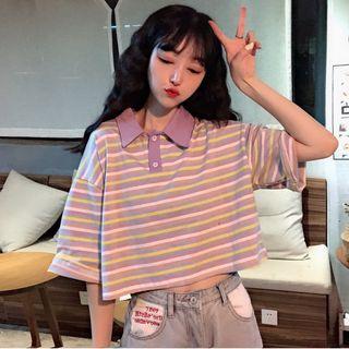 Elbow-sleeve Striped Cropped T-shirt Stripes - Purple - One Size