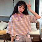Elbow-sleeve Striped Cropped T-shirt Stripes - Purple - One Size