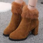Faux Fur Cuff Chunk Heel Ankle Boots