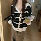 Floral Color Block Cardigan Black Blue - One Size