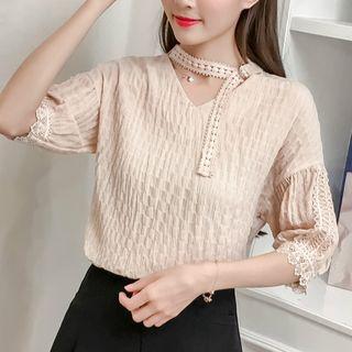 Elbow-sleeve Cutout Lace Top