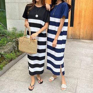 Slit-hem Stripe Long T-shirtdress