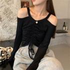 Long-sleeve Cold-shoulder Drawstring Slim-fit Top