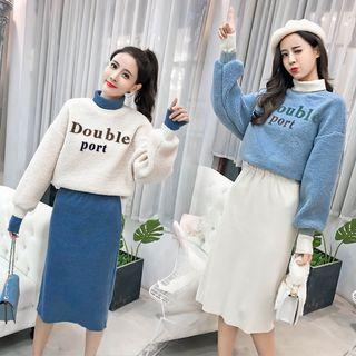 Set: Turtleneck Letter Sweatshirt + Knit Midi Skirt