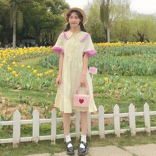 Sailor Collared Short-sleeve Ruffle Hem A-line Dress Off-white - One Size