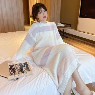 Long-sleeve Two-tone Fleece Midi Sleep Dress Purple & Yellow & Pink & White - One Size