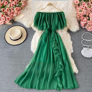 Off Shoulder Ruffled Chiffon Maxi Dress