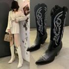 Pointed Embroidered Block Heel Knee-high Boots