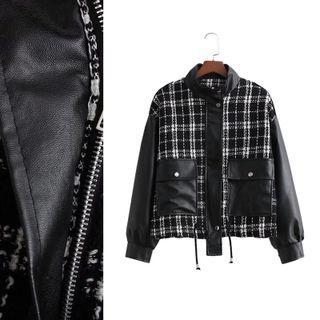 Faux Leather Panel Tweed Jacket