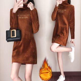 Mock Neck Lettering Pleuche A-line Dress
