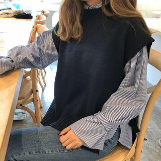 Striped Shirt / Side-tie Knit Vest