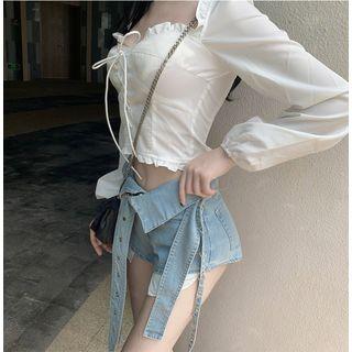 Lace Up Off-shoulder Long-sleeve Crop Top White - One Size