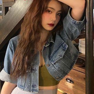 Denim Elbow-sleeve Cropped Cardigan Blue - One Size