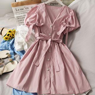 Ribbon-accent V-neck Midi Shirtdress With Sash