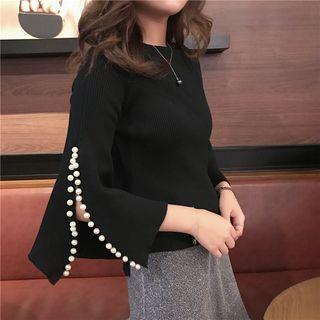 Faux Pearl Off Shoulder Long Sleeve Knit Top