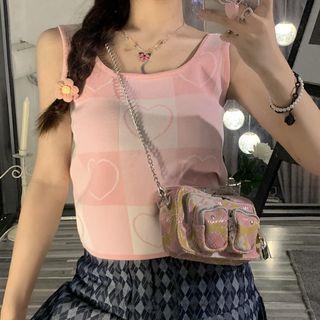 Heart Knit Camisole Top Love Heart Print - Pink & White - One Size
