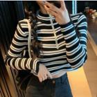 Mock-neck Half-zip Striped Knit Top