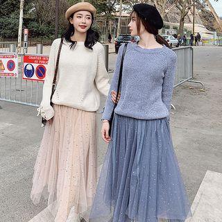 Sweater / Asymmetric Glitter Ruffled Mesh A-line Midi Skirt