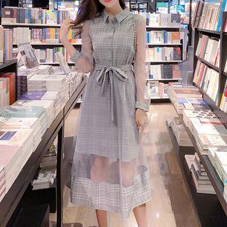 Long-sleeve Sheer Panel Plaid Midi Dress