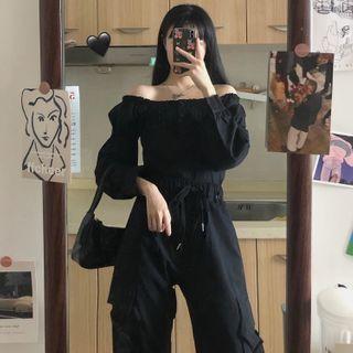 Long-sleeve Off-shoulder Top / Cropped Harem Pants