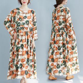 Floral Print Long-sleeve Maxi A-line Dress Floral Printed - Orange & Green & White - One Size