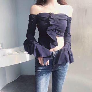 Long-sleeve Off Shoulder Frill-trim Top