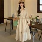 Long-sleeve Belted Plain Midi Shirtdress