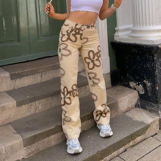 Flower Print High Waist Straight Leg Jeans