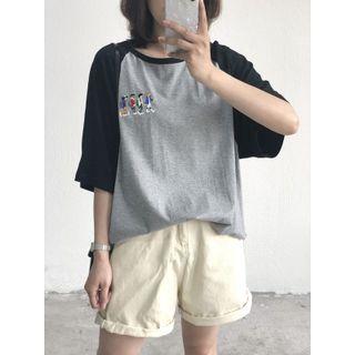 Raglan-sleeve Cartoon Embroidered T-shirt