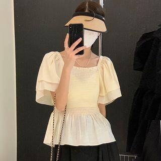 Square-neck Ruffle Ruched Plain Shirt