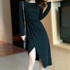 Plain Long-sleeve Asymmetric Midi Dress