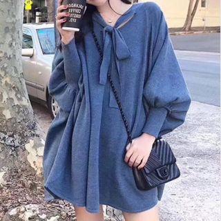 Tie Neck Long-sleeve Mini Knit Dress