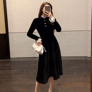 Lace Trim Long-sleeve A-line Midi Velvet Dress
