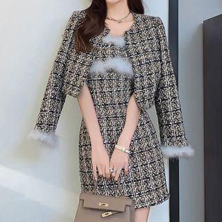 Set: Faux Fur Tweed Dress + Jacket