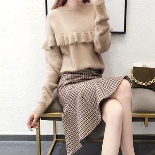 Set: Ruffle Sweater + Plaid Ruffle Hem Pencil Skirt