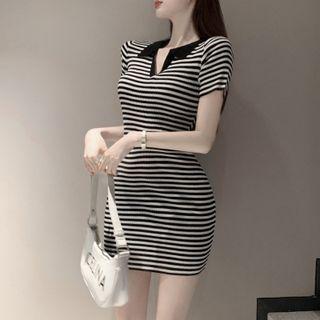 Collared Striped Knit Mini Bodycon Dress