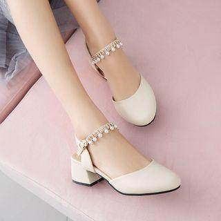 Faux Leather Bead Accent Strap Block Heel Sandals