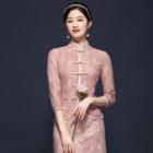 Mock Two-piece 3/4-sleeve Frog Buttoned Qipao Dress