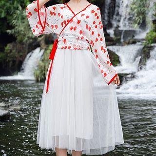 Set: Spaghetti Strap Mesh A-line Midi Dress + Long-sleeve Printed Chiffon Wrap Top
