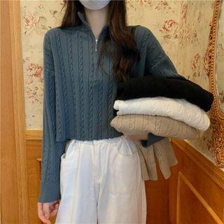 Long-sleeve Zip-front Knit Cropped Top