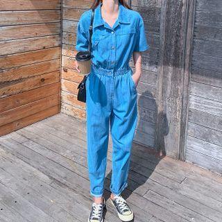 Elbow-sleeve Wide-leg Denim Jumpsuit