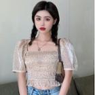 Short-sleeve Dotted Chiffon Top Beige - One Size
